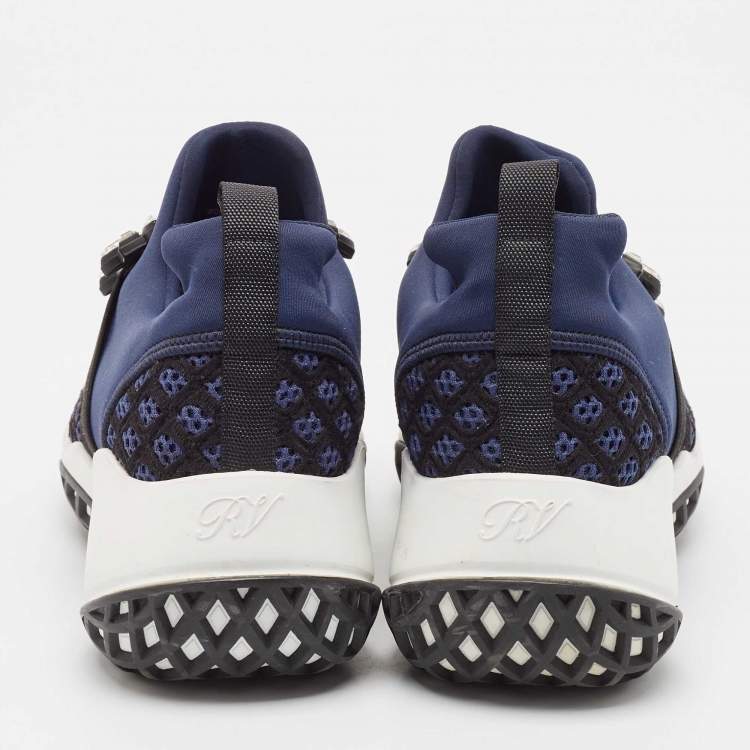 Pre Owned Roger Vivier Blue Leather and Mesh Viv Run Strass Slip On Sneakers Size 38