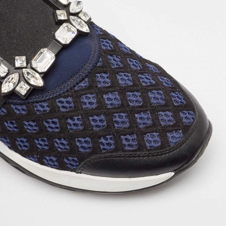 Pre Owned Roger Vivier Blue Leather and Mesh Viv Run Strass Slip On Sneakers Size 38