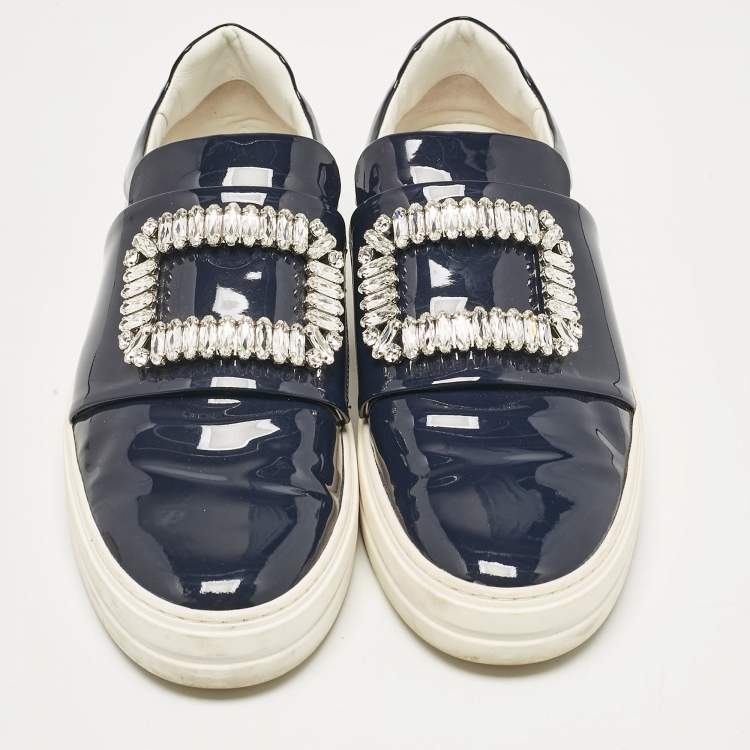 Pre Owned Roger Vivier Navy Blue Patent  Viv Crystal Embellished Sneakers Size 41