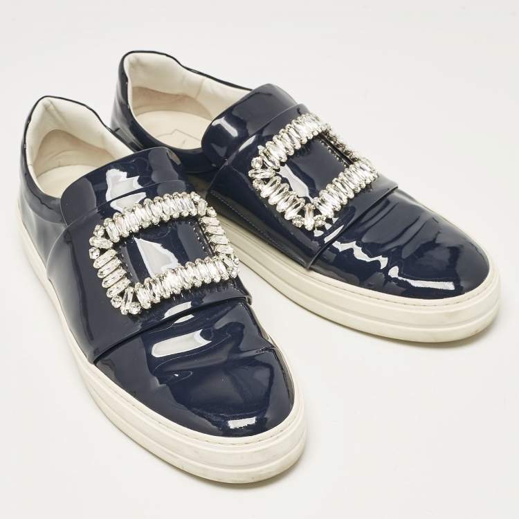 Pre Owned Roger Vivier Navy Blue Patent  Viv Crystal Embellished Sneakers Size 41