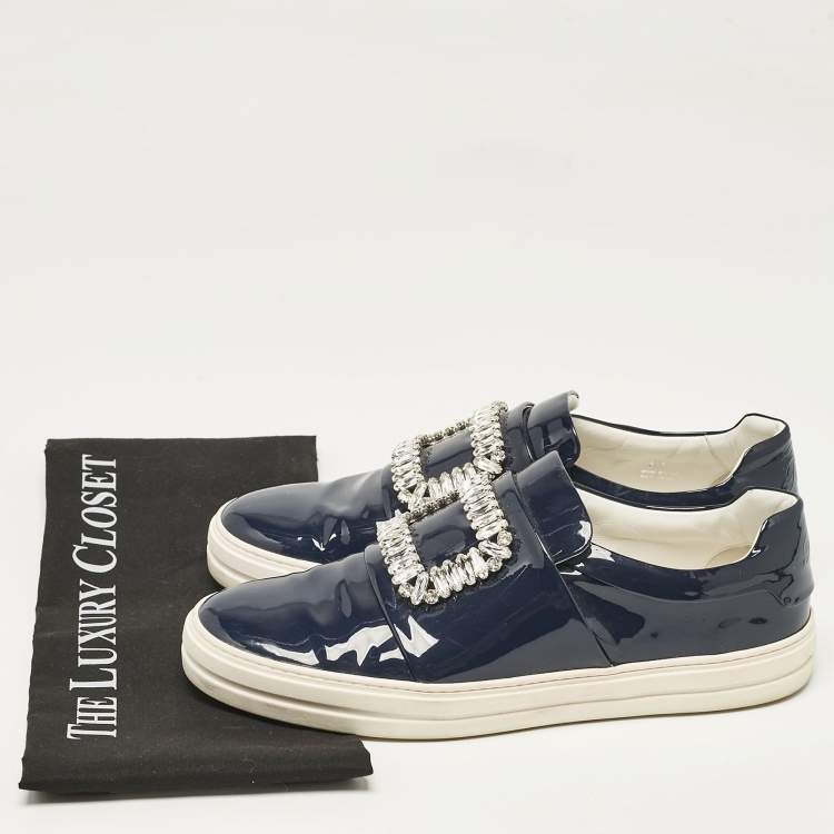 Pre Owned Roger Vivier Navy Blue Patent  Viv Crystal Embellished Sneakers Size 41