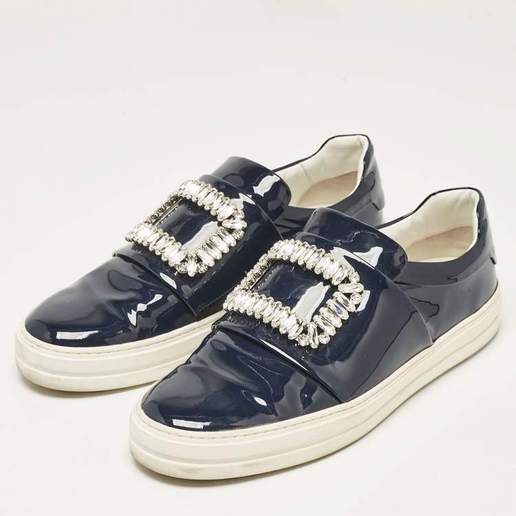 Pre Owned Roger Vivier Navy Blue Patent  Viv Crystal Embellished Sneakers Size 41