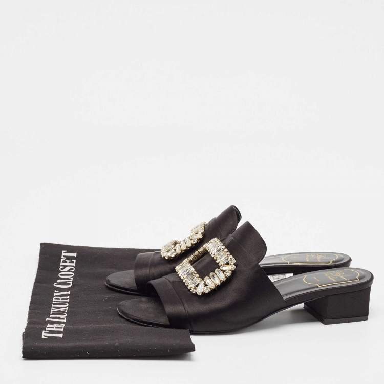 Pre Owned Roger Vivier Black Satin Crystal Embellished Slide Sandals Size 38