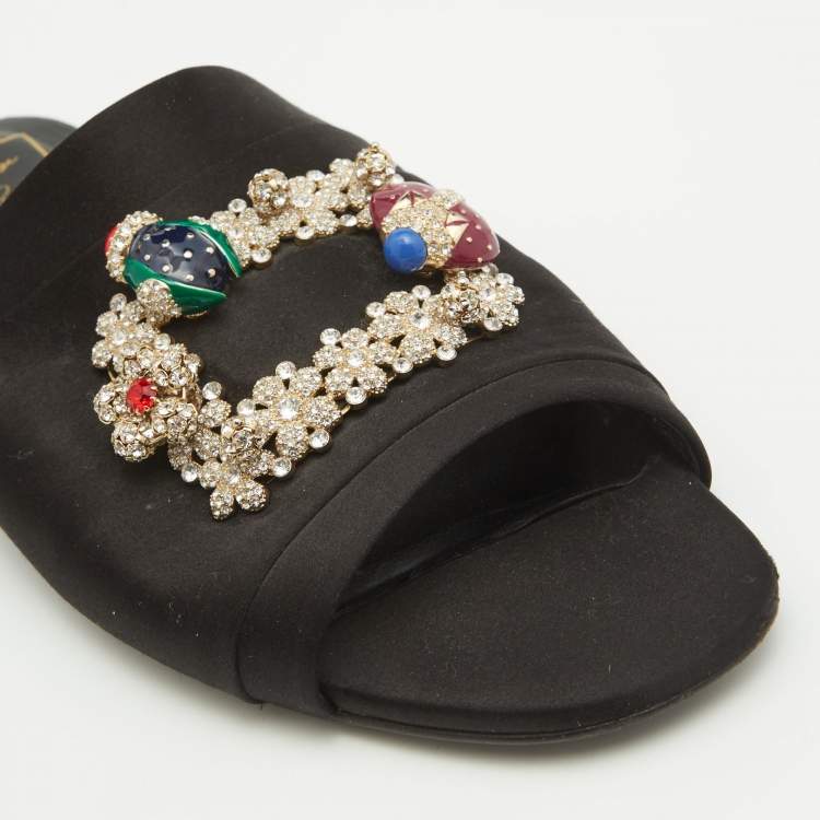 Pre Owned Roger Vivier Black Satin Crystal Embellished Flat Slides Size 39