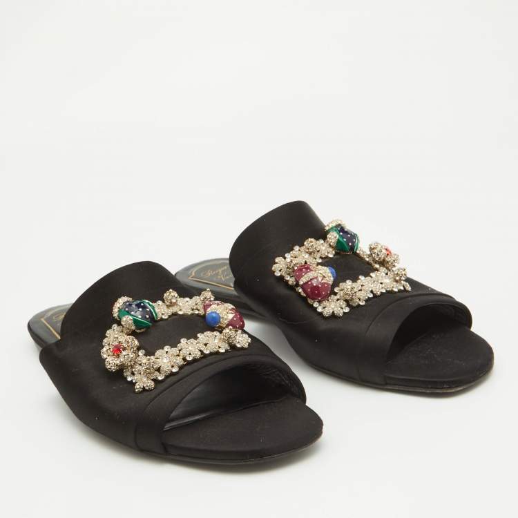 Pre Owned Roger Vivier Black Satin Crystal Embellished Flat Slides Size 39
