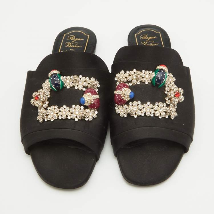 Pre Owned Roger Vivier Black Satin Crystal Embellished Flat Slides Size 39