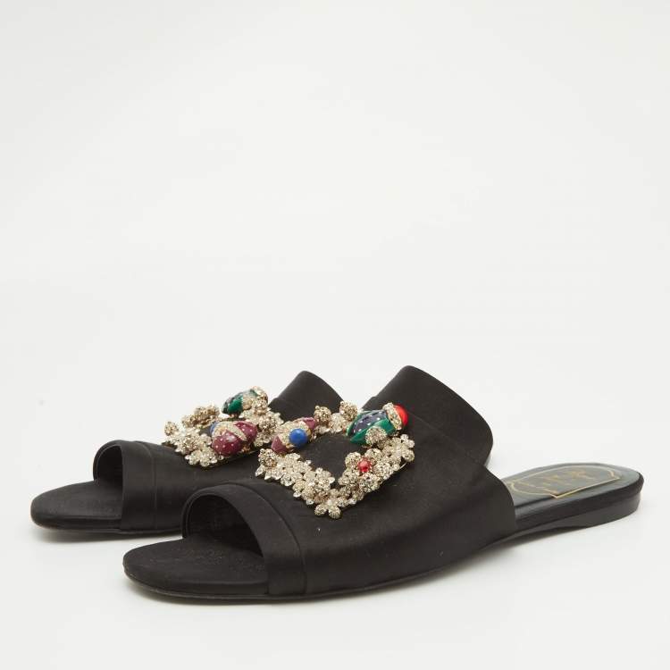 Pre Owned Roger Vivier Black Satin Crystal Embellished Flat Slides Size 39