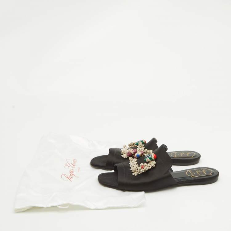 Pre Owned Roger Vivier Black Satin Crystal Embellished Flat Slides Size 39