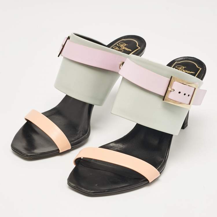 Pre Owned Roger Vivier Multicolor Leather Buckle Slide Sandals Size 38
