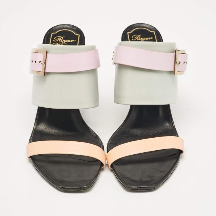 Pre Owned Roger Vivier Multicolor Leather Buckle Slide Sandals Size 38