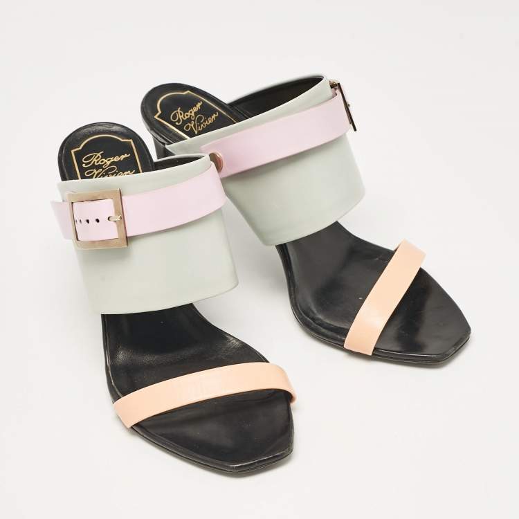 Pre Owned Roger Vivier Multicolor Leather Buckle Slide Sandals Size 38