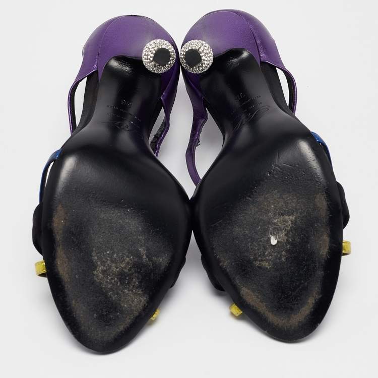 Pre Owned Roger Vivier Metallic/Black Leather and Satin Sandals Size 36