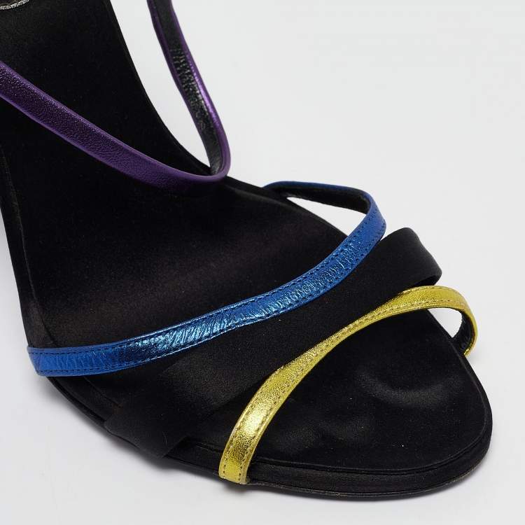 Pre Owned Roger Vivier Metallic/Black Leather and Satin Sandals Size 36