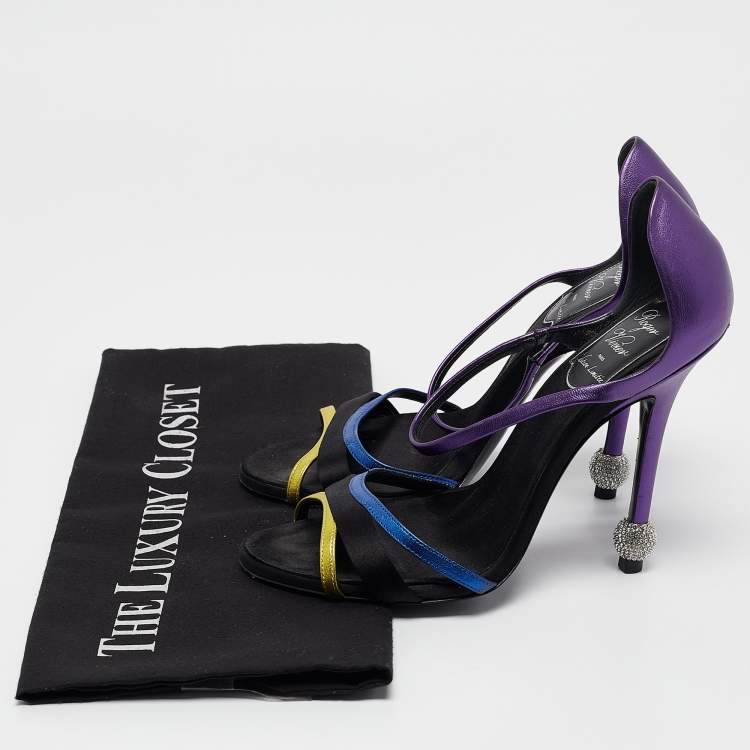 Pre Owned Roger Vivier Metallic/Black Leather and Satin Sandals Size 36