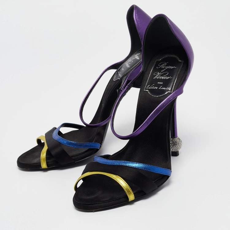 Pre Owned Roger Vivier Metallic/Black Leather and Satin Sandals Size 36