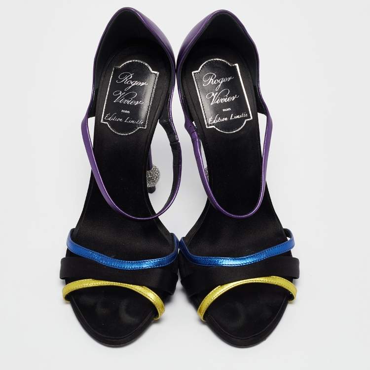 Pre Owned Roger Vivier Metallic/Black Leather and Satin Sandals Size 36