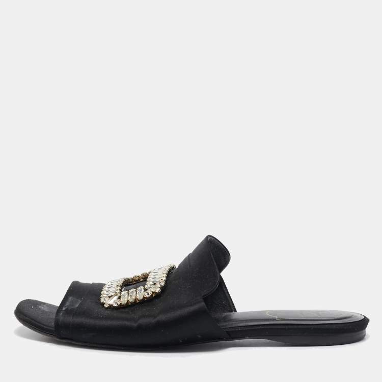 Pre Owned Roger Vivier Black Satin Crystal Embellished Flat Mules Size 40