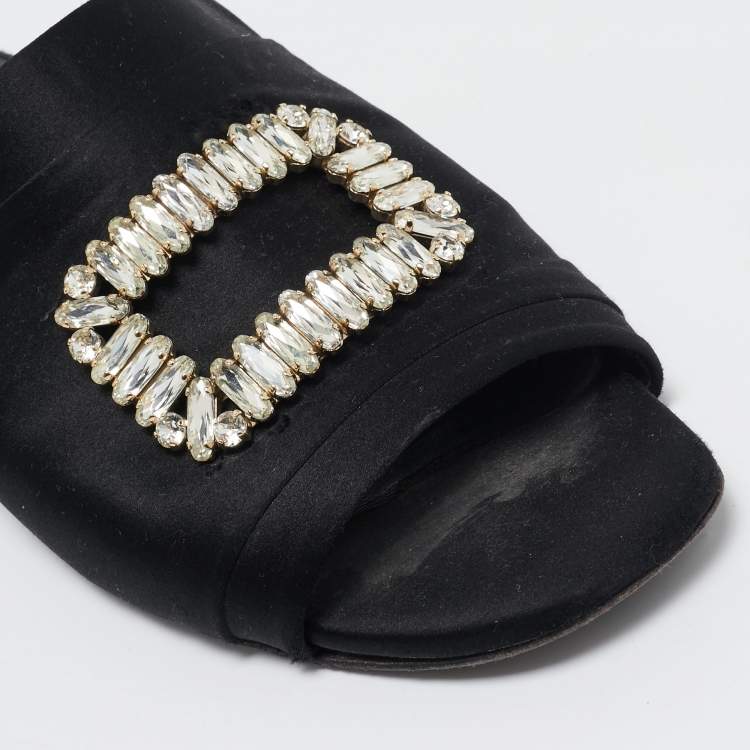 Pre Owned Roger Vivier Black Satin Crystal Embellished Flat Mules Size 40