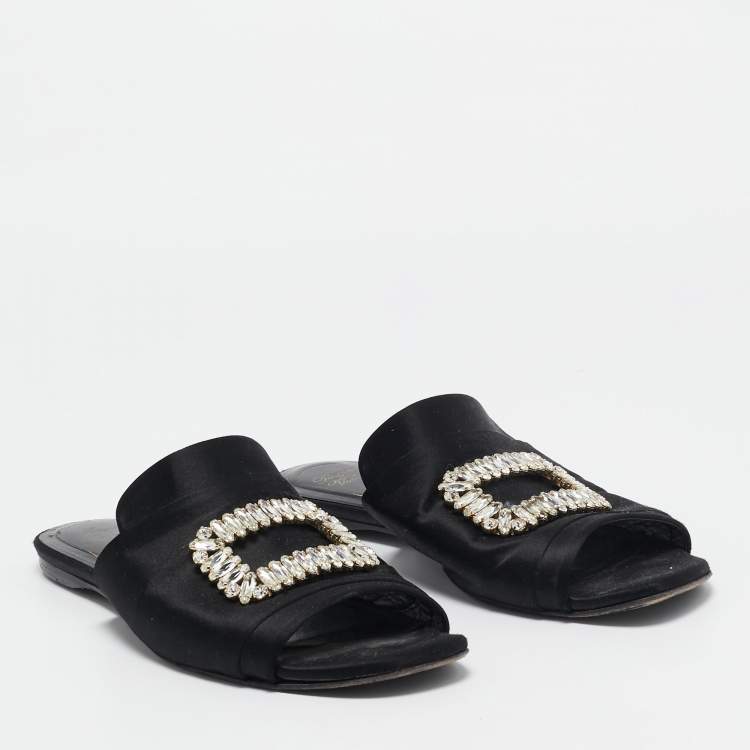 Pre Owned Roger Vivier Black Satin Crystal Embellished Flat Mules Size 40
