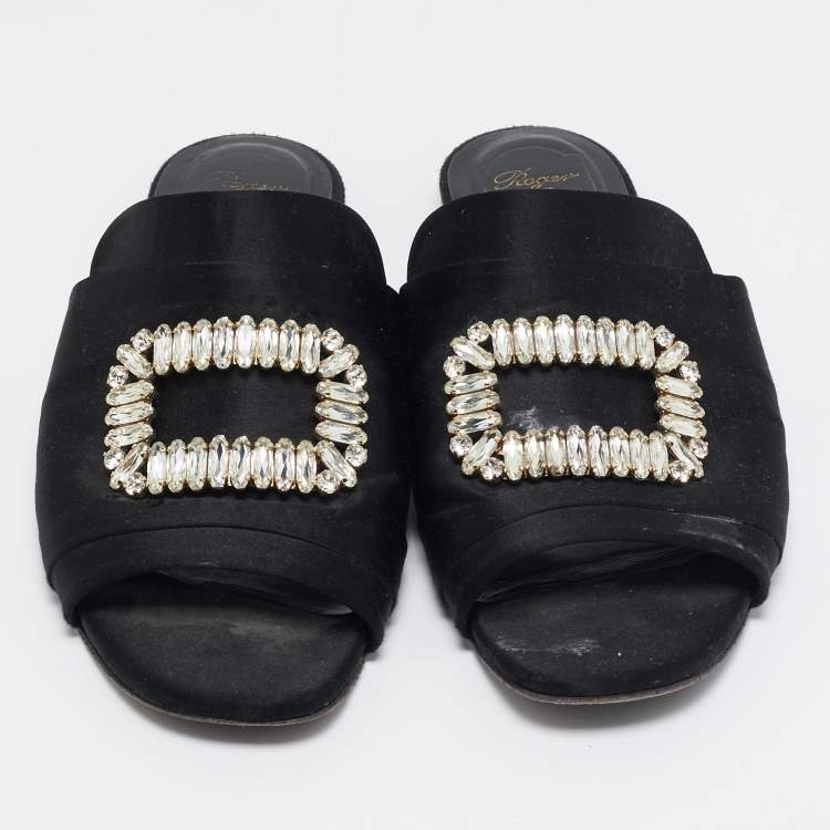 Pre Owned Roger Vivier Black Satin Crystal Embellished Flat Mules Size 40