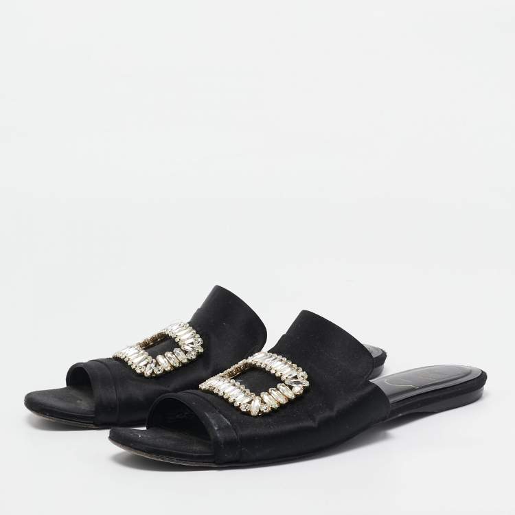 Pre Owned Roger Vivier Black Satin Crystal Embellished Flat Mules Size 40