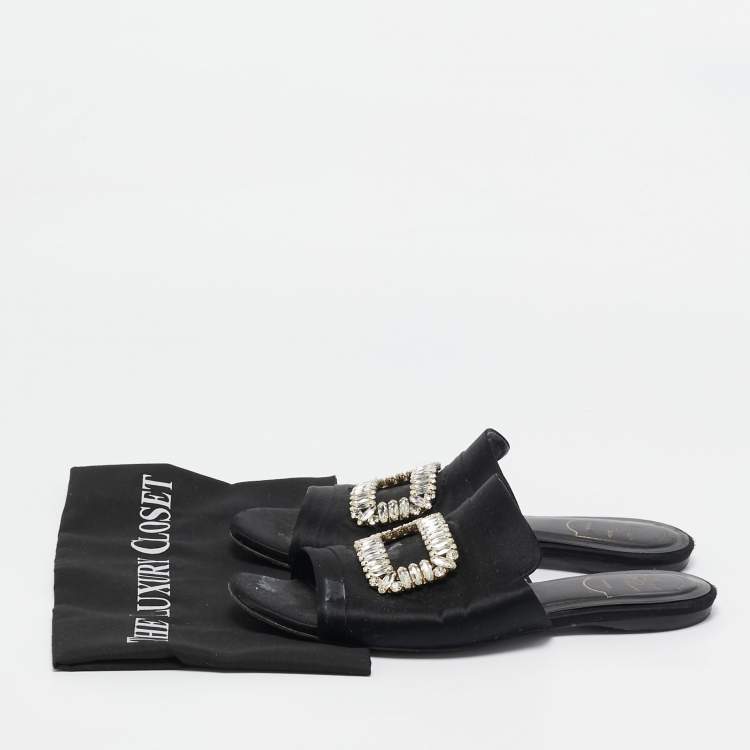 Pre Owned Roger Vivier Black Satin Crystal Embellished Flat Mules Size 40