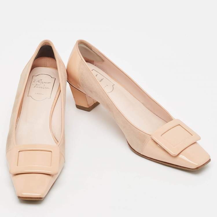 Pre Owned Roger Vivier Beige Patent Leather and Suede Trompette Pumps Size 38