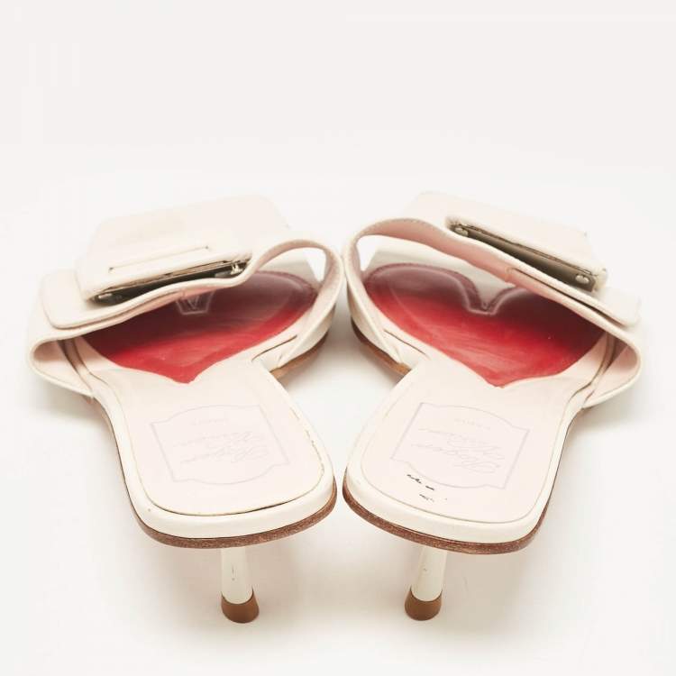 Pre Owned Roger Vivier Cream Leather Buckle Slide Sandals Size 42