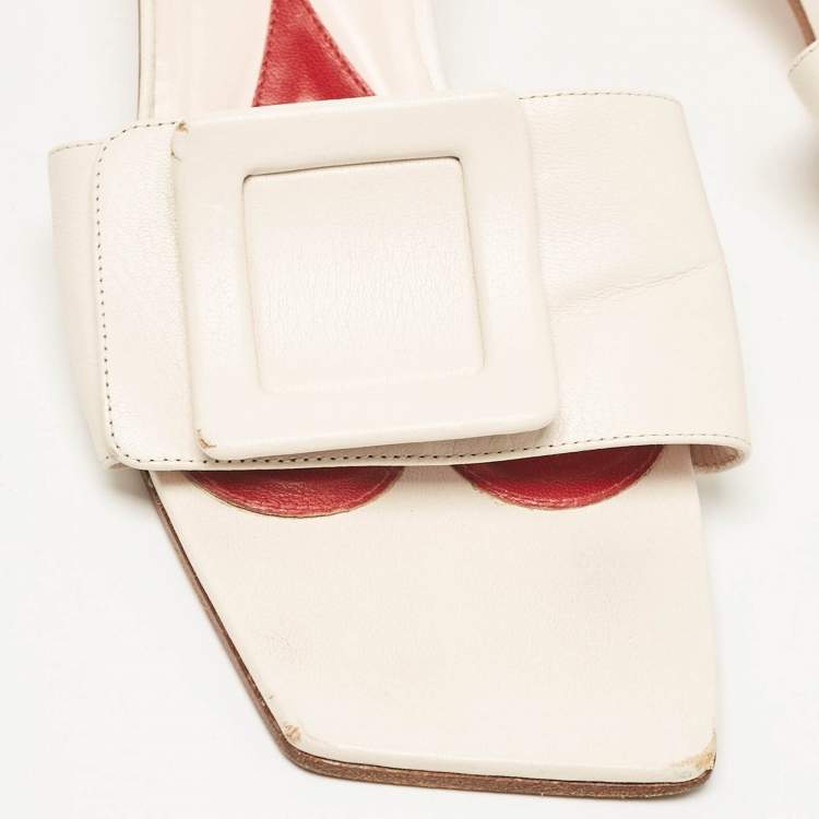 Pre Owned Roger Vivier Cream Leather Buckle Slide Sandals Size 42