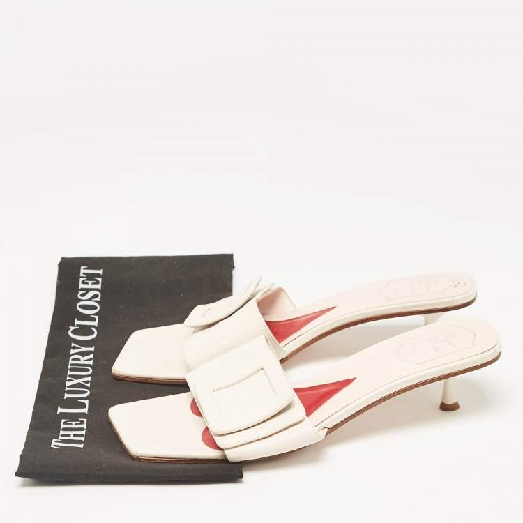 Pre Owned Roger Vivier Cream Leather Buckle Slide Sandals Size 42