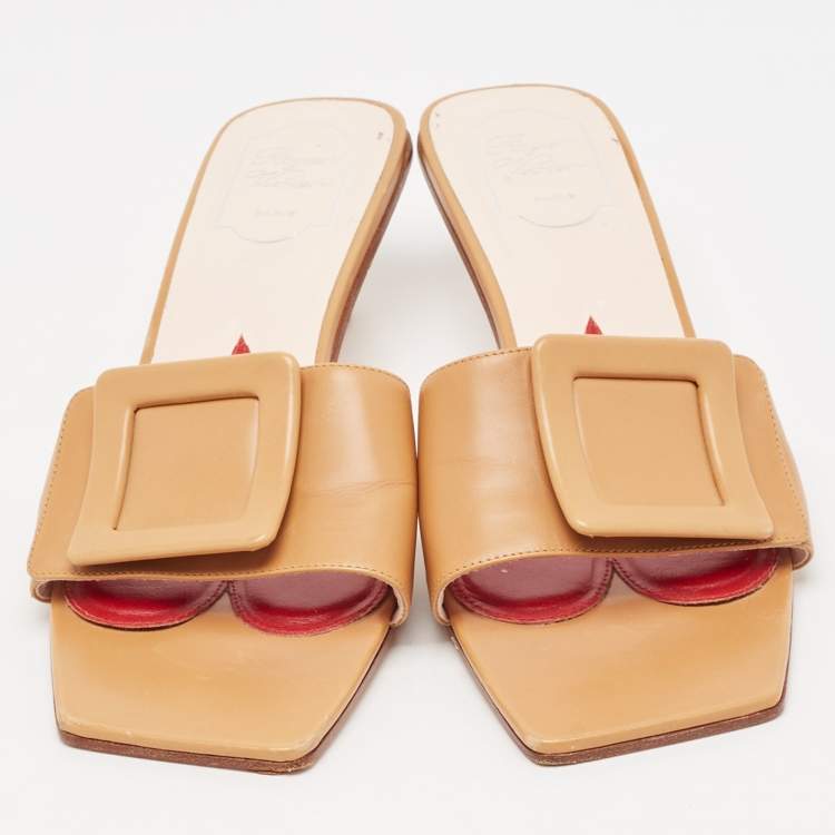 Pre Owned Roger Vivier Brown Leather Covered Buckle Slide Sandals Size 42