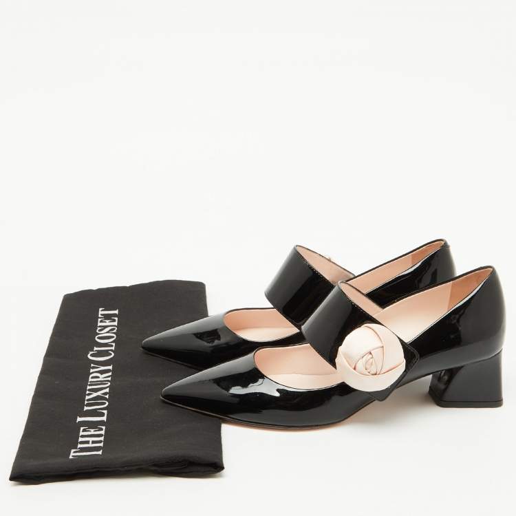 Pre Owned Roger Vivier Black Patent Leather Floral Applique Mary Jane Pumps Size 37.5