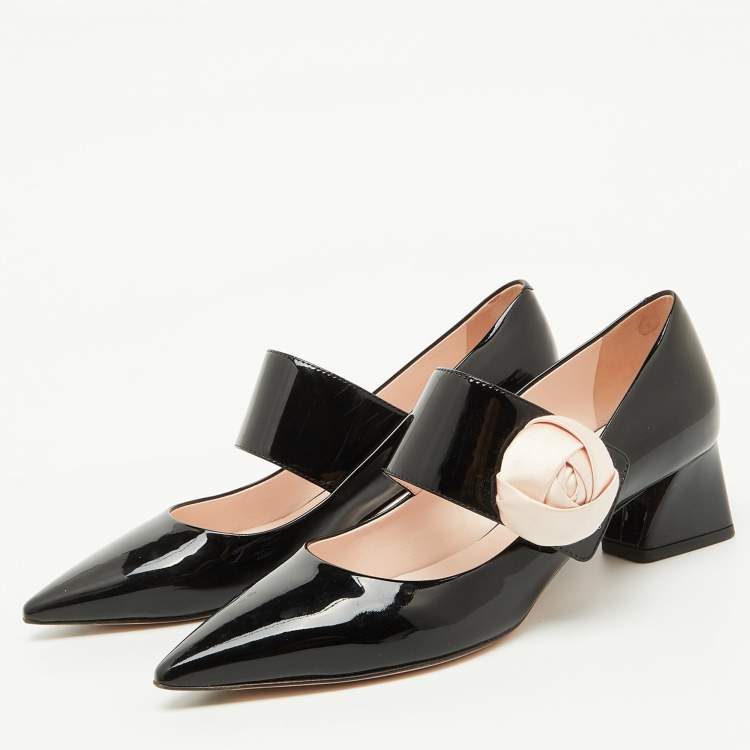 Pre Owned Roger Vivier Black Patent Leather Floral Applique Mary Jane Pumps Size 37.5
