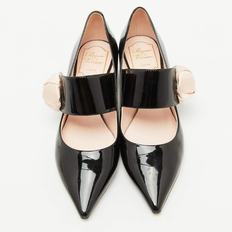 Pre Owned Roger Vivier Black Patent Leather Floral Applique Mary Jane Pumps Size 37.5