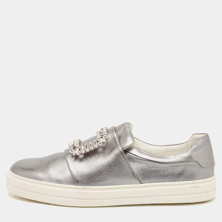 Pre Owned Roger Vivier Silver Leather Sneaky Viv Lace Up Sneakers Size 41