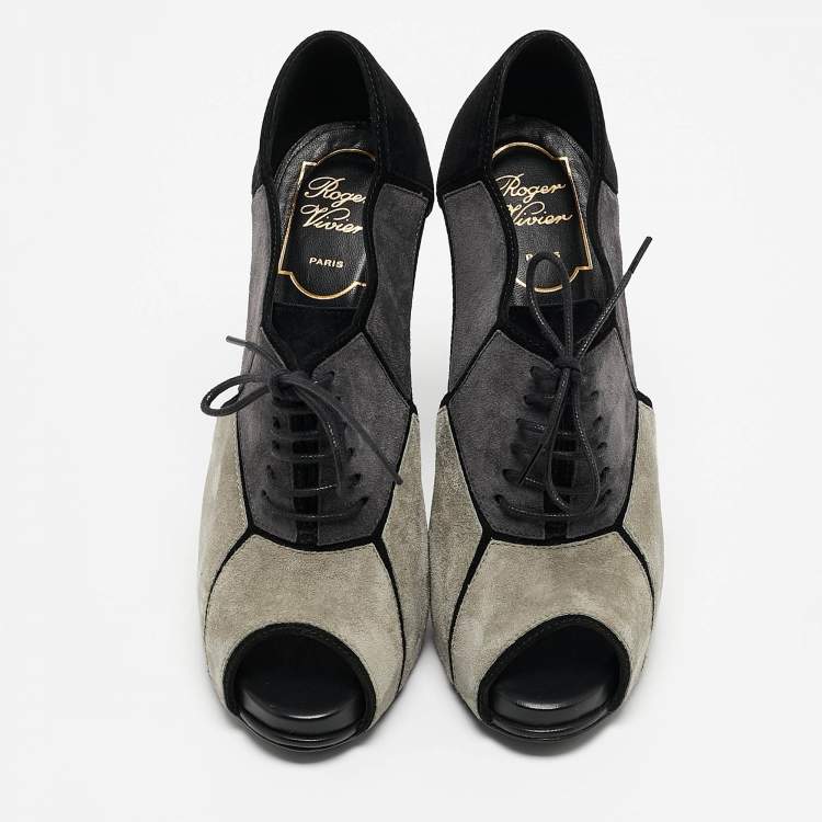 Pre Owned Roger Vivier Multicolor Suede Cutout Lace Up Booties Size 37