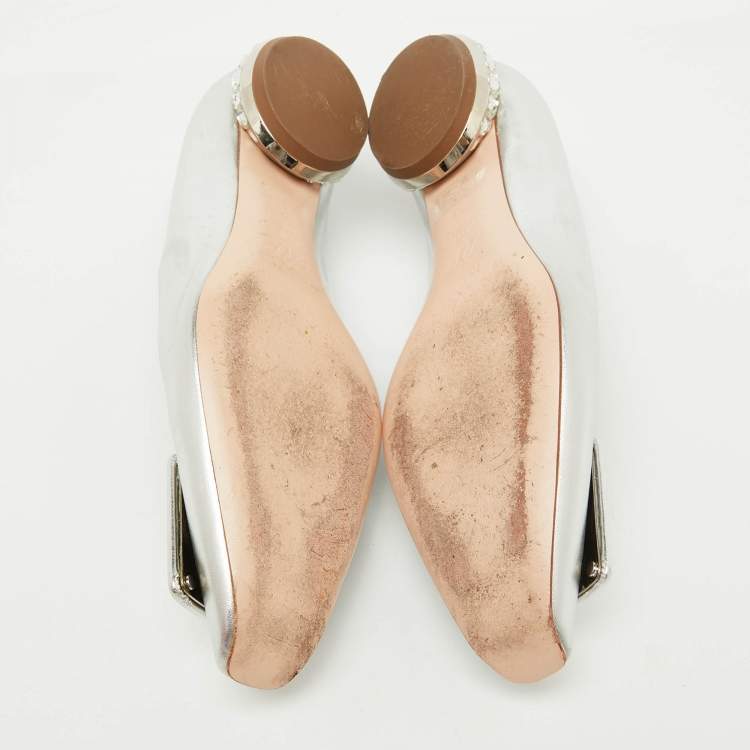 Pre Owned Roger Vivier Silver Leather Jewel Heel Ballet Flats Size 38