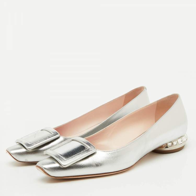 Pre Owned Roger Vivier Silver Leather Jewel Heel Ballet Flats Size 38