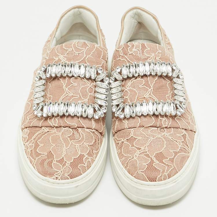 Pre Owned Roger Vivier Pink Lace Sneaky Viv Slip On Sneakers Size 35