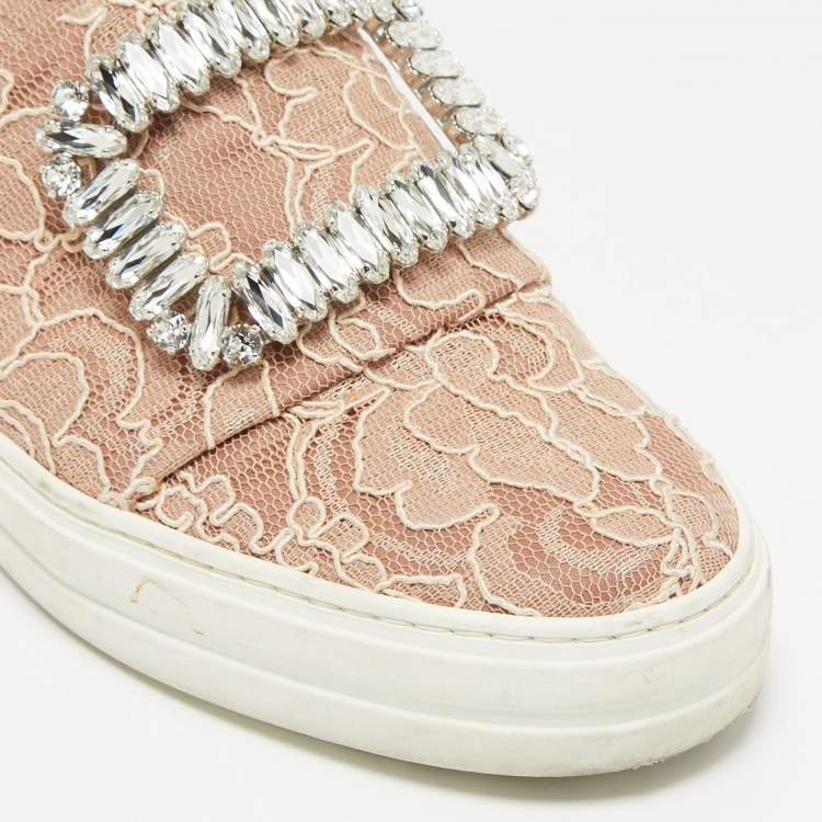 Pre Owned Roger Vivier Pink Lace Sneaky Viv Slip On Sneakers Size 35