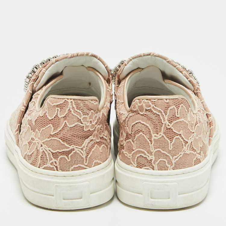Pre Owned Roger Vivier Pink Lace Sneaky Viv Slip On Sneakers Size 35
