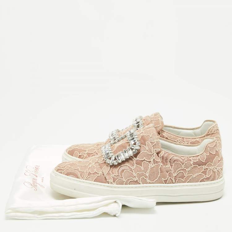 Pre Owned Roger Vivier Pink Lace Sneaky Viv Slip On Sneakers Size 35