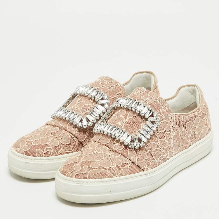 Pre Owned Roger Vivier Pink Lace Sneaky Viv Slip On Sneakers Size 35