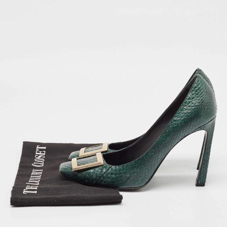 Pre Owned Roger Vivier Dark Green Python Trompette Pumps Size 38.5