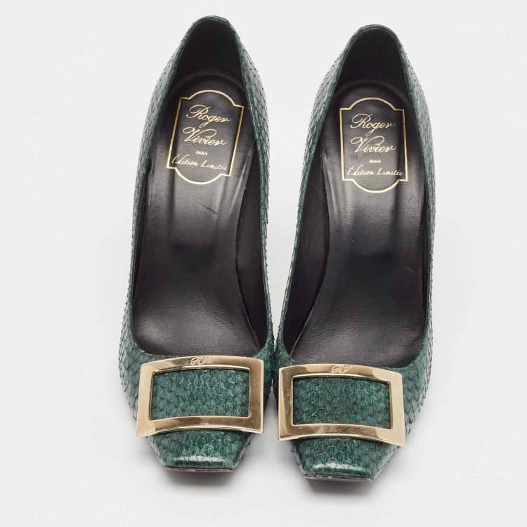 Pre Owned Roger Vivier Dark Green Python Trompette Pumps Size 38.5
