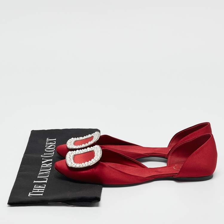 Pre Owned Roger Vivier Red Satin Crystal Embellished D'orsay Ballet Flats Size 38