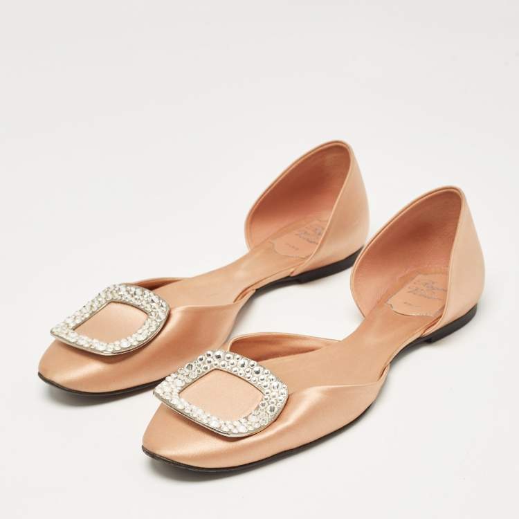 Pre Owned Roger Vivier Peach Satin Crystal Embellished D'orsay Ballet Flats Size 38