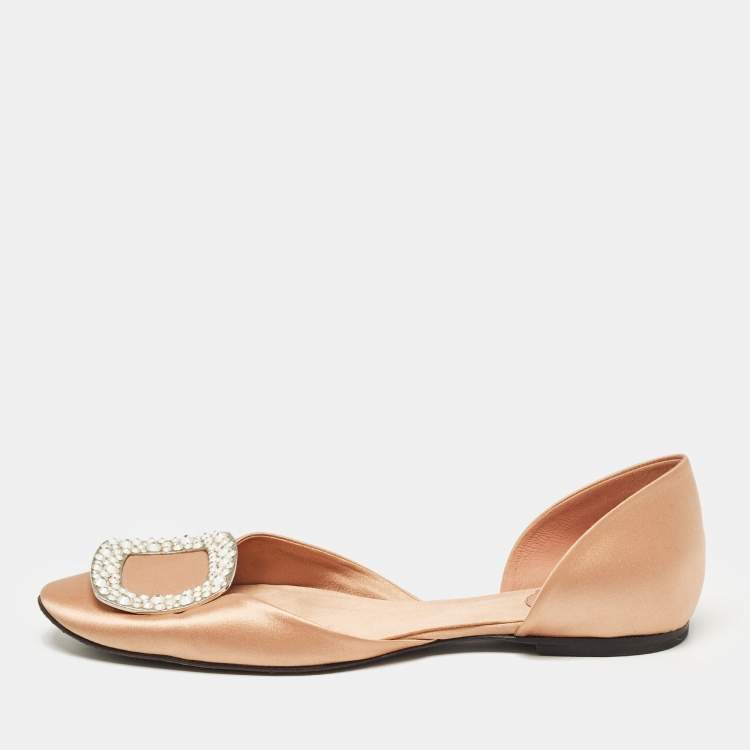 Pre Owned Roger Vivier Peach Satin Crystal Embellished D'orsay Ballet Flats Size 38