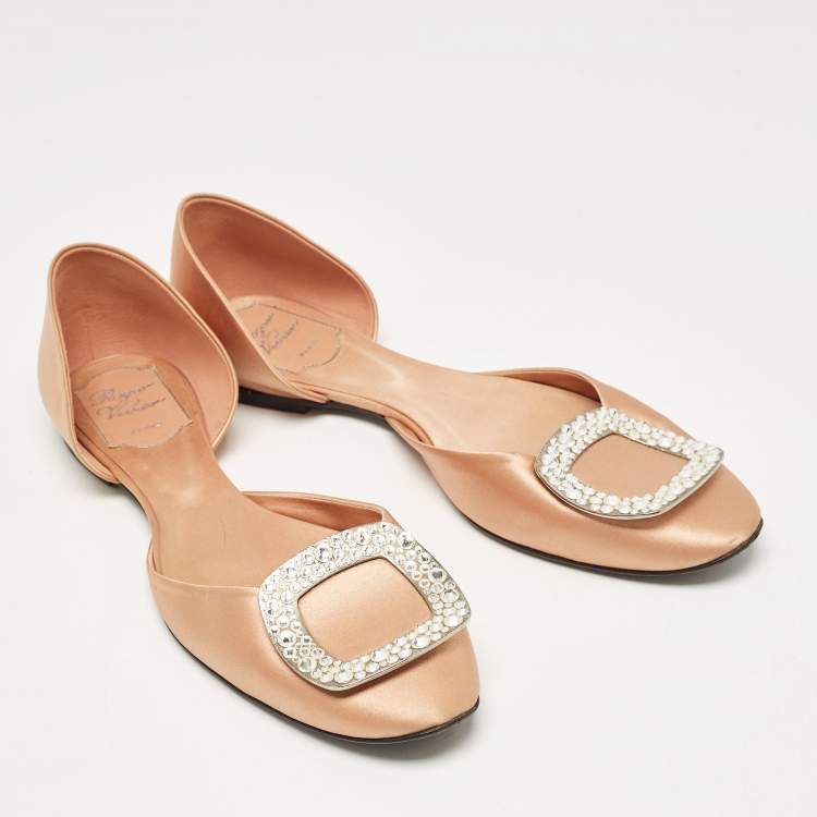 Pre Owned Roger Vivier Peach Satin Crystal Embellished D'orsay Ballet Flats Size 38