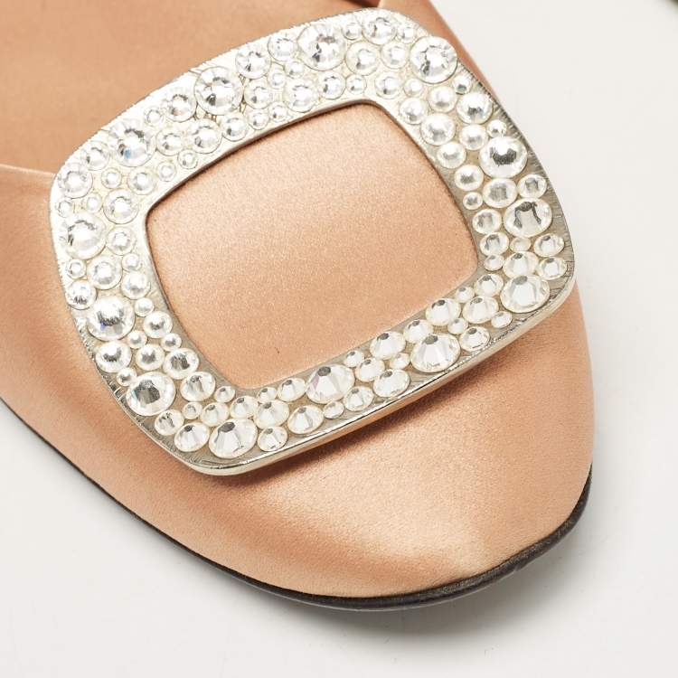 Pre Owned Roger Vivier Peach Satin Crystal Embellished D'orsay Ballet Flats Size 38
